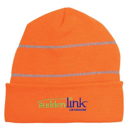 Custom Knit Beanie with Reflective Stripes - Neon Orange Custom Knit Beanie with Reflective Stripes - Neon Orange