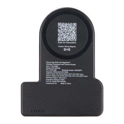Custom Phone Grip 5,000 mAh MagClick Wireless Power Bank and Bluetooth Camera Shutter - Black Back View 