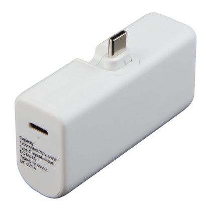 Custom Stay Powered 1200 mAh Power Bank with Type-C Tip - White Side View 
