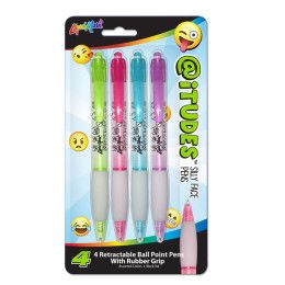 Custom iTUDES 4 Pk Emoji Silly Face Retractable Ball Point Pens with Rubber Grip - Blank