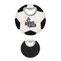 Custom Soccer Coaster Bottle Opener - Black With White Custom Soccer Coaster Bottle Opener - Black With White