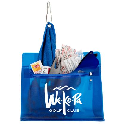 Custom Layover 17 Piece Golf Kit in Travel Pack With Components Inserted Into Zipper Kit - Blue