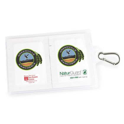 Custom GoPac with Insect Repellent and Sun Screen Packettes, with Carabiner, Label Imprint - White Custom GoPac with Insect Repellent and Sun Screen Packettes, with Carabiner, Label Imprint - White