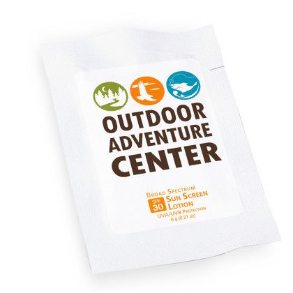 Custom Sun Screen Lotion Packette SPF 30, Label Imprint - White