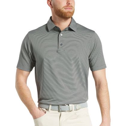 Custom FootJoy Mens MicroFeeder Stripe Performance Golf Polo - Black/Steel Grey Lifestyle View 