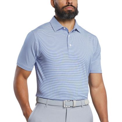 Custom FootJoy Mens MicroFeeder Stripe Performance Golf Polo - New Royal/White Lifestyle View 