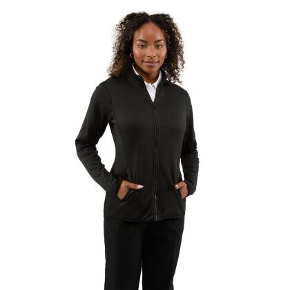 Custom TELICA Women's Brushed Back Recycled Fleece Jacket - Black Lifestyle View Custom TELICA Women's Brushed Back Recycled Fleece Jacket - Black Lifestyle View