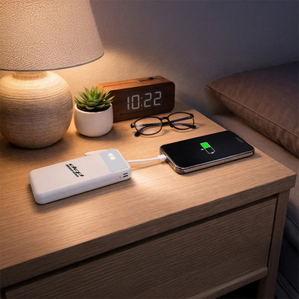 Custom StandCharge 4-in-1 Power Bank - White Lifestyle View Custom StandCharge 4-in-1 Power Bank - White Lifestyle View