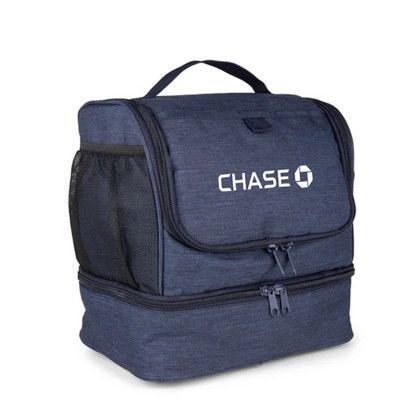 Custom ChillMate Double Deck Lunch Bag with Mesh Pockets - Navy Side View Custom ChillMate Double Deck Lunch Bag with Mesh Pockets - Navy Side View