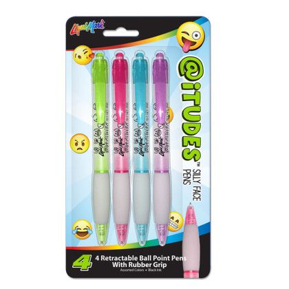 Custom iTUDES 4 Pk Emoji Silly Face Retractable Ball Point Pens with Rubber Grip - Blank Custom iTUDES 4 Pk Emoji Silly Face Retractable Ball Point Pens with Rubber Grip - Blank