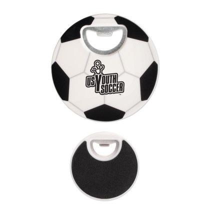 Custom Soccer Coaster Bottle Opener - Black With White Custom Soccer Coaster Bottle Opener - Black With White