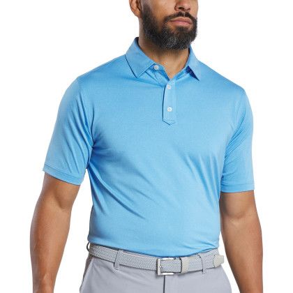 Custom FootJoy Mens Solid Lisle Performance Golf Polo - Aspen Blue Heather with model Front view