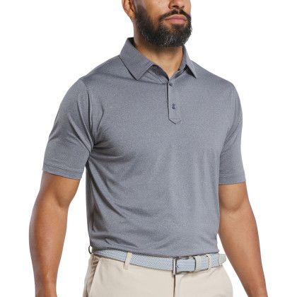 Custom FootJoy Mens Solid Lisle Performance Golf Polo - Heather Dark Charcoal with Model Front view