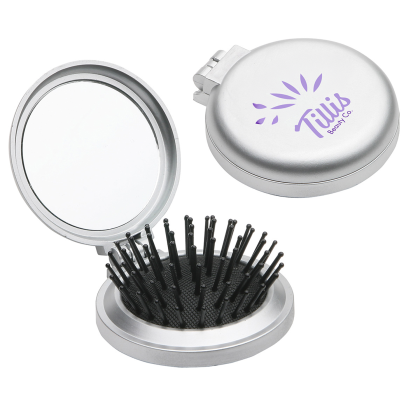 Custom Travel Disk Brush & Mirror - Silver 