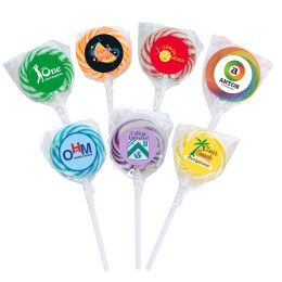 Custom Swirl Lollipop with Round Label Custom Swirl Lollipop with Round Label