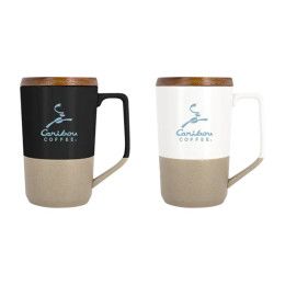 Custom Rochester 15 oz Two-Tone Ceramic Mug with Wood Lid - All Colors 