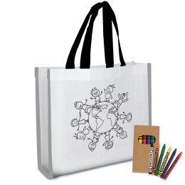 Custom Reflective Non-Woven Coloring Tote Bag With Crayons - White with Black Custom Reflective Non-Woven Coloring Tote Bag With Crayons - White with Black