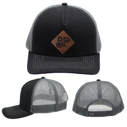 Custom Mesh Hype Trucker, Leather Patch - Laser Engraved - Black Custom Mesh Hype Trucker, Leather Patch - Laser Engraved - Black