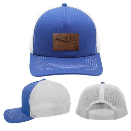 Custom Mesh Hype Trucker, Leather Patch - Laser Engraved - Blue Custom Mesh Hype Trucker, Leather Patch - Laser Engraved - Blue