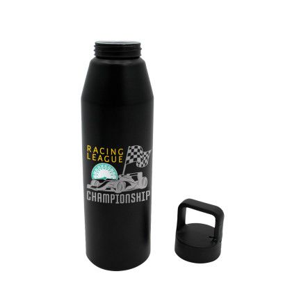 Custom 25 oz. Recycled Aluminum Bottle with Carabiner Lid, Full Color Digital - Black Open Cap View 
