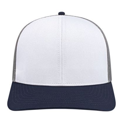 Custom Cap America Poly/Cotton Trucker Mesh Back Cap - White with Navy with Gray