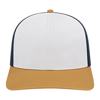 Custom Cap America Poly/Cotton Trucker Mesh Back Cap - White Amber with Navy