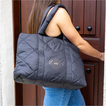 Custom Luxe Quilted Puffer Tote Bag - Black Lifestyle View Custom Luxe Quilted Puffer Tote Bag - Black Lifestyle View