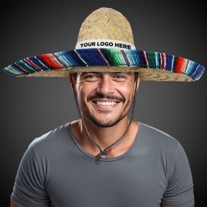 Custom Large Natural Straw Sombrero with Serape Trim - White Band Lifestyle View 