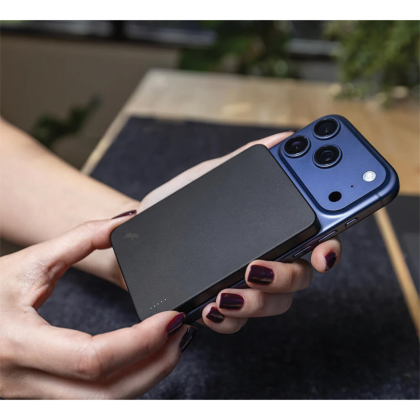 Custom Nimble CHAMP Wireless 5K Magnetic Portable Charger - Black In Use Custom Nimble CHAMP Wireless 5K Magnetic Portable Charger - Black In Use