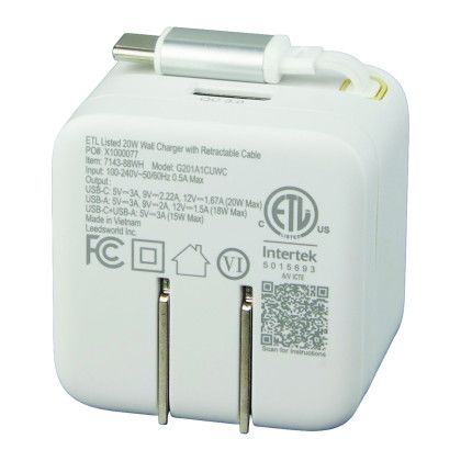 Custom ETL Listed 20W Wall Charger with Retractable Cable - White Back View 