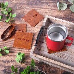 Custom Watson Square Pu Leather Coaster: 4 Piece Set In Holder