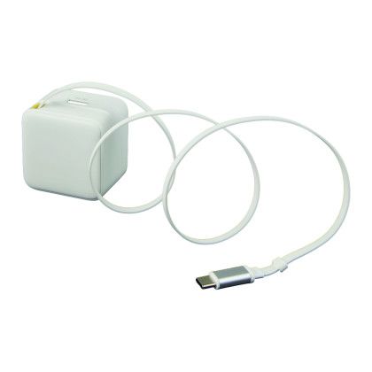 Custom ETL Listed 20W Wall Charger with Retractable Cable - White Open Wire View 