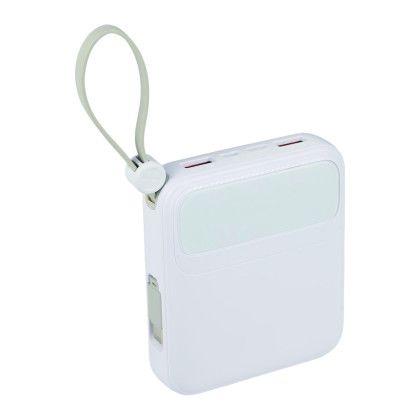 Custom PWR Boost 10,000 mAh 20W PD Power Bank with Cables - Side View Custom PWR Boost 10,000 mAh 20W PD Power Bank with Cables - Side View