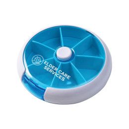 Custom Round Push Button Pill Box - White with blue trim Custom Round Push Button Pill Box - White with blue trim