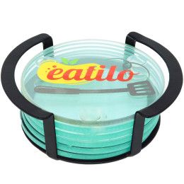 Custom Round Glass Coasters: 6 Piece Set In Metal Stand
