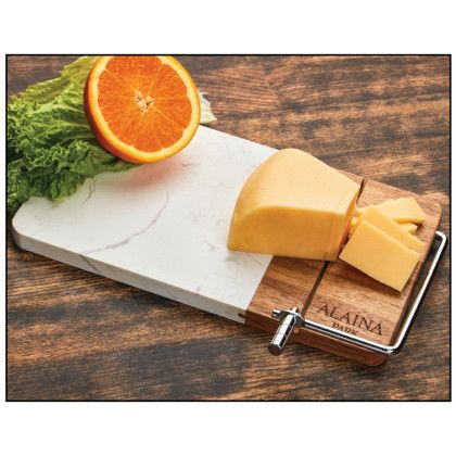 Custom Marble Acacia Cheese Board w/ Cheese Slicer - Lifestyle
