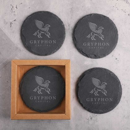 Custom Round Slate 4 Pc. Coaster Set In Box - Grey Lifestyle View Custom Round Slate 4 Pc. Coaster Set In Box - Grey Lifestyle View