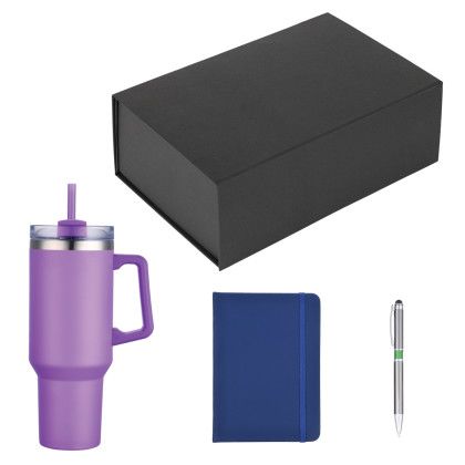 Custom Marigold Tumbler Pen and Notebook Jotter Gift Set - Black - Purple tumbler with blue notebook Custom Marigold Tumbler Pen and Notebook Jotter Gift Set - Black - Purple tumbler with blue notebook