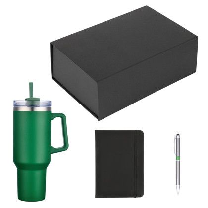 Custom Marigold Tumbler Pen and Notebook Jotter Gift Set - Black - Green tumbler with black notebook Custom Marigold Tumbler Pen and Notebook Jotter Gift Set - Black - Green tumbler with black notebook