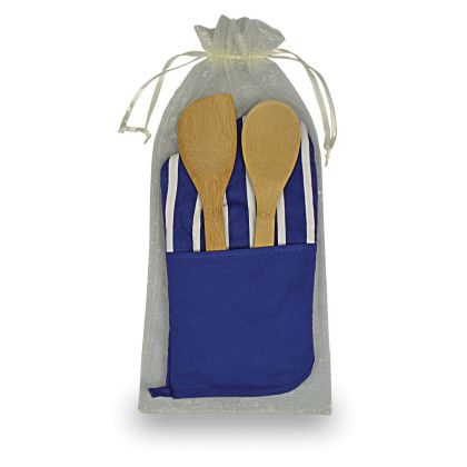 Custom Chef's Therma-Grip Striped Oven Mitt Bamboo Combo - Blue Custom Chef's Therma-Grip Striped Oven Mitt Bamboo Combo - Blue