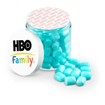 Custom 8 oz Jar of Mini Candy Covered Marshmallows - Blue Open View