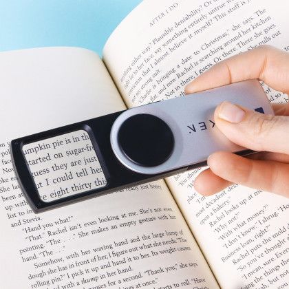 Custom Scholar Pocket Magnifier - Metallic Silver with Black In Use Custom Scholar Pocket Magnifier - Metallic Silver with Black In Use