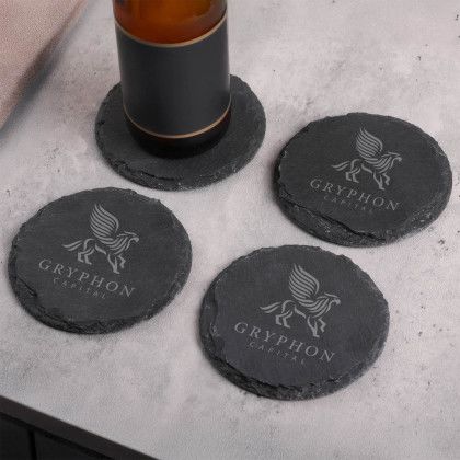 Custom Round Slate 4 Pc. Coaster Set In Box - Grey In Use Custom Round Slate 4 Pc. Coaster Set In Box - Grey In Use