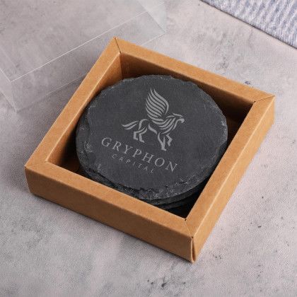 Custom Round Slate 4 Pc. Coaster Set In Box - Grey Packaging View Custom Round Slate 4 Pc. Coaster Set In Box - Grey Packaging View