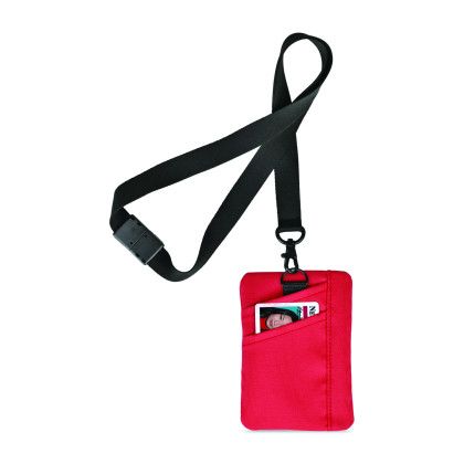 Custom Rally Recycled ID Pouch Lanyard - Red in use Custom Rally Recycled ID Pouch Lanyard - Red in use