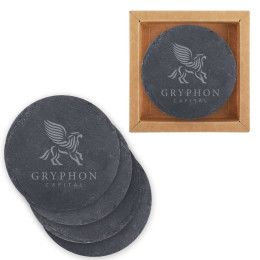 Custom Round Slate 4 Pc. Coaster Set In Box - Grey Custom Round Slate 4 Pc. Coaster Set In Box - Grey