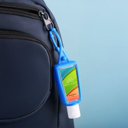 Custom Hand Sanitizer Gel: 1 oz Bottle With Carabiner - Blue In Use Custom Hand Sanitizer Gel: 1 oz Bottle With Carabiner - Blue In Use