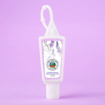 Custom Hand Sanitizer Gel With Moisture Beads: 1 oz Triangle Bottle With Carabiner - Lavender Breeze Custom Hand Sanitizer Gel With Moisture Beads: 1 oz Triangle Bottle With Carabiner - Lavender Breeze