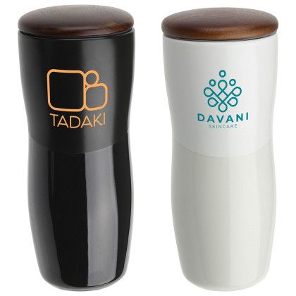 Custom Adriano 12 oz Double-wall Ceramic Tumbler with Wood Lid - All color Custom Adriano 12 oz Double-wall Ceramic Tumbler with Wood Lid - All color