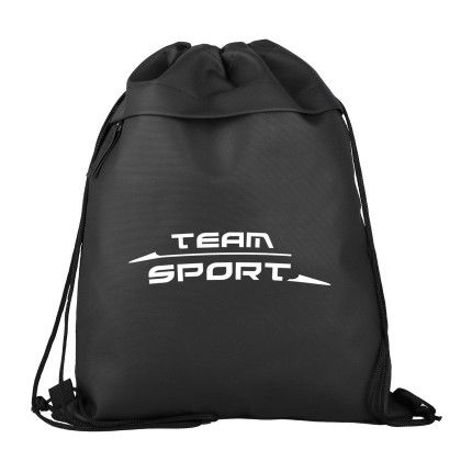 Custom Nova 600D RPET Drawstring Backpack - Black Front View Custom Nova 600D RPET Drawstring Backpack - Black Front View